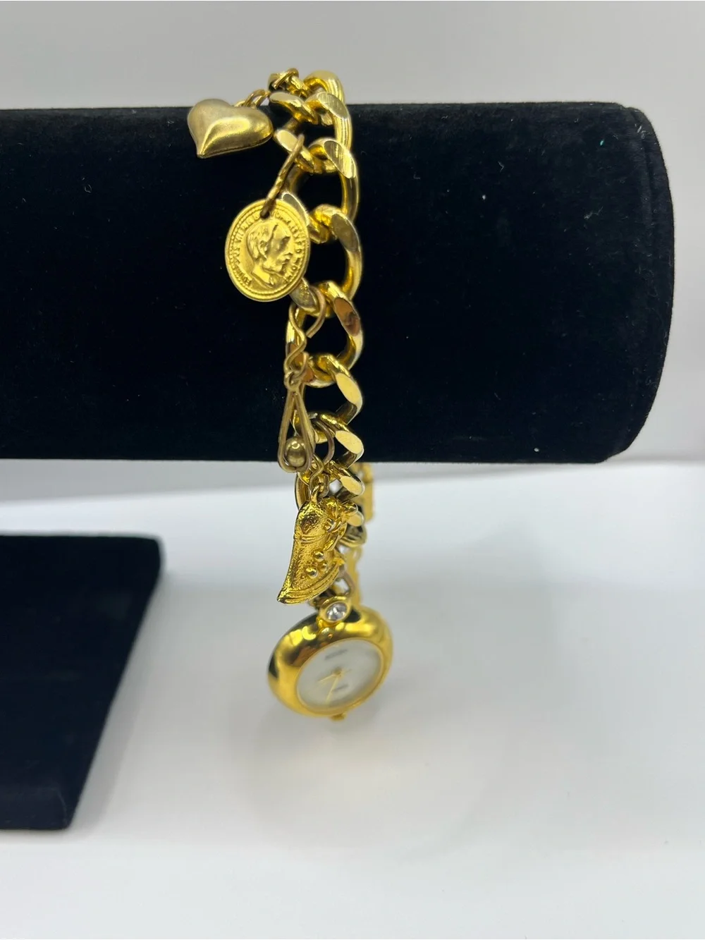 Gold Charm Bracelet Watch with Decorative Charms Crown Hearts Key  Charms